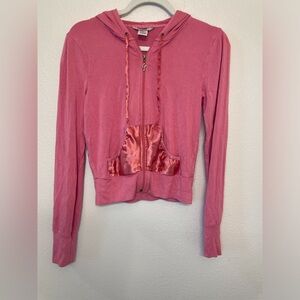 Guess Y2K Vintage Pink Zip Up Hoodie with Rhinestones Silky Pockets Size S